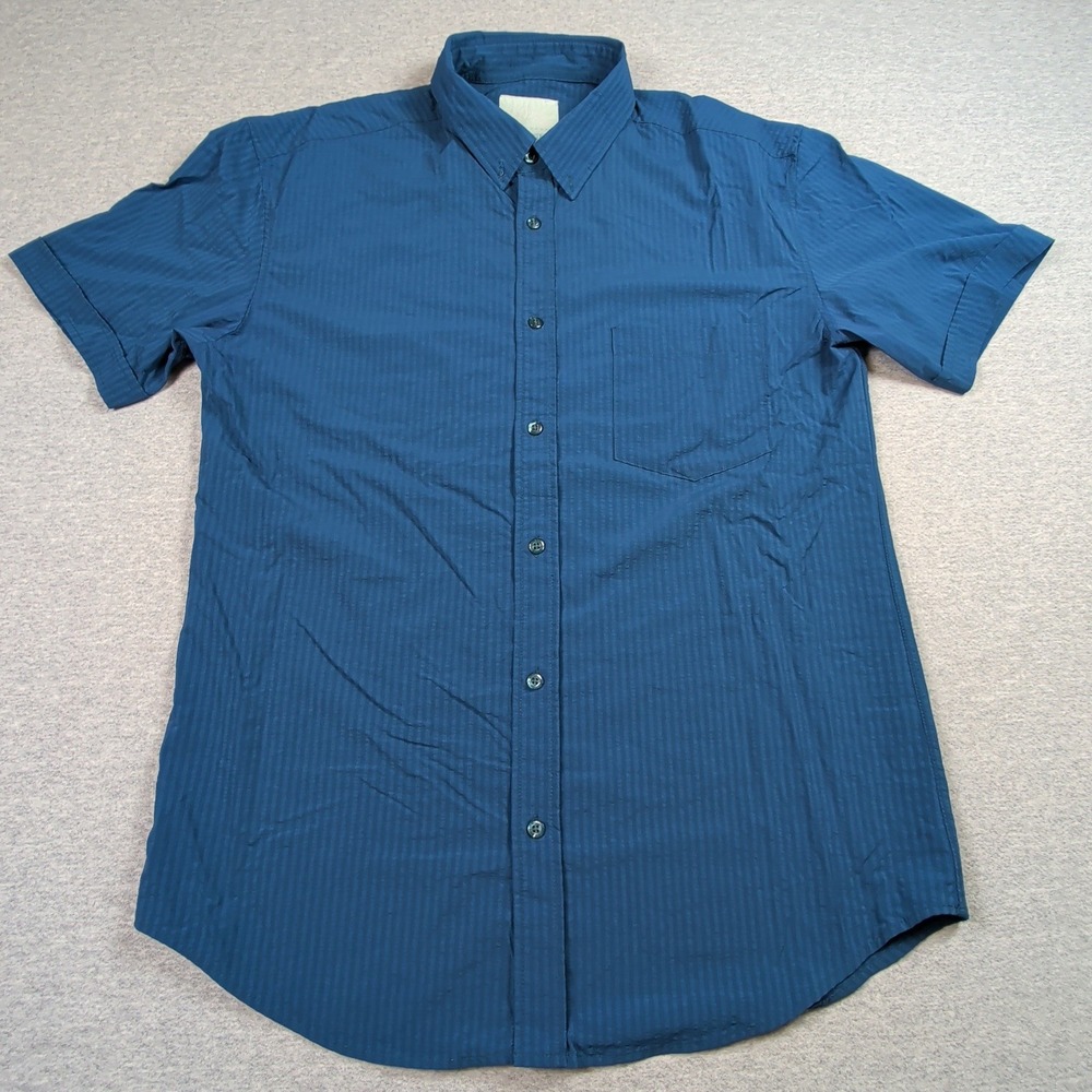 RSVLTS Seersucker Short Sleeve Button Down Shirt Teal Blue Mens Large Stripe